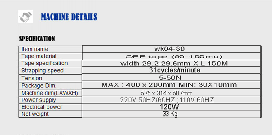 مشخصات دستگاه باند پک مدل WK 04 - 30 با یک سال ضمانت و 10 سال خدمات پس از فروش گروه سینا پک 66956030-021